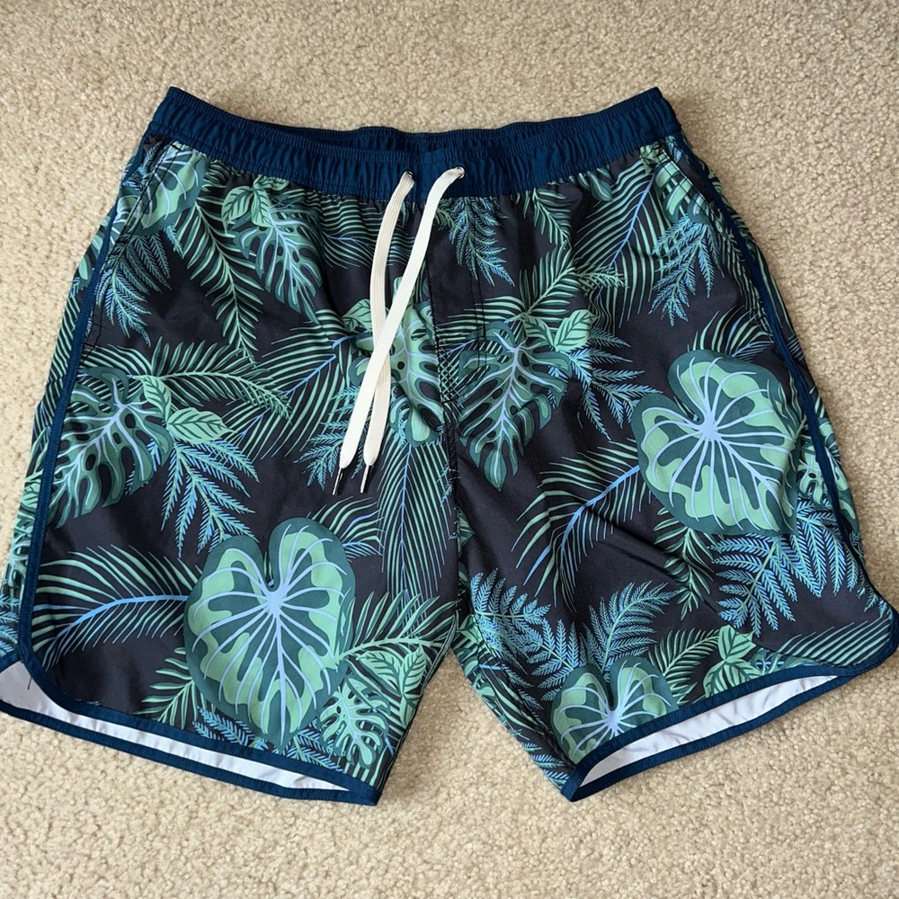 Fair Harbor Leaf Print Swim Trunks - Green and Blue